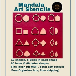 Mandala art stencils,12 shapes,120 cutouts,geometric shapes stencils,Dot art tools,art supplies,cutouts for  drawing, MDF stencils,5 sizes