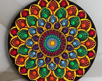 Mandala a pois dipinto a mano, decorazione murale multicolore da 25 cm.