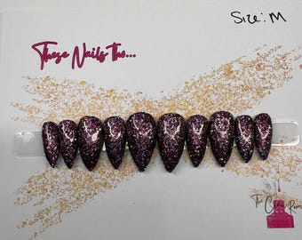 Respectfully…No | Dark Glitter Press On Nails | Luxury Stiletto Press Ons | Reusable Handmade Nails