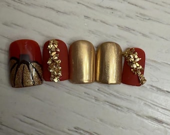 Golden Harvest Press On Nails: Fall Pumpkin Gold Chrome