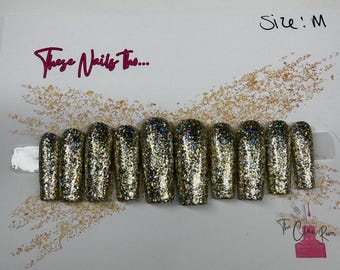 24K After Party | Gold Glitter Press On Nails | Luxury Coffin Press Ons | Reusable Handmade Nails
