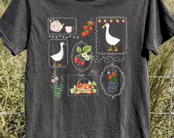 Goose Strawberry Floral Vintage Cottagecore Farm Gardening T-Shirt, Summer Spring Shirt, Gift for Her