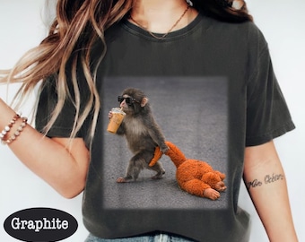 Comfort Colors® Baby Monkey Punch Drinking Iced Coffee T-Shirt, Animal Lover Gift, Trendy Tee, Unisex Shirt
