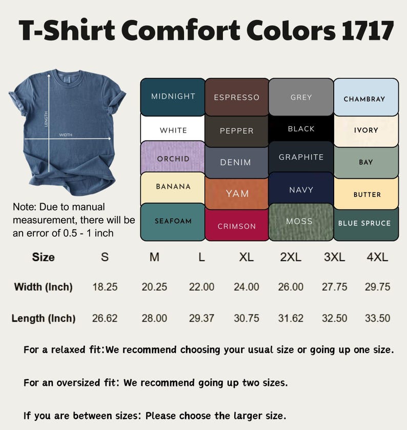 May include: A denim blue t-shirt with a size chart and color swatches. The chart lists sizes S to 4XL, with width measurements from 18.25 to 29.75 inches and lengths from 26.62 to 33.50 inches. Color options include Midnight, White, and Crimson.