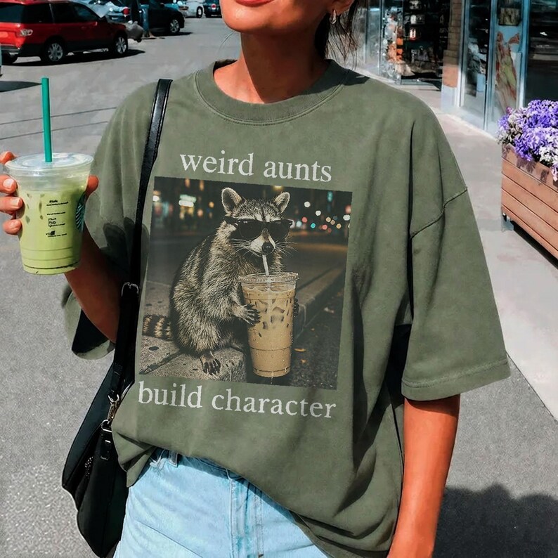 Comfort Colors® Weird Aunts Build Character Tee, Funny Aunt Shirt, Cool Aunt Gift, Chaos Aunt Tee, Iced Coffee Raccoon Shirt, DTG print Tee image 4