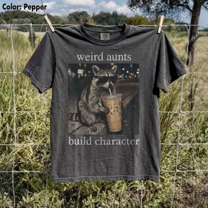 Comfort Colors® Weird Aunts Build Character Tee, Funny Aunt Shirt, Cool Aunt Gift, Chaos Aunt Tee, Iced Coffee Raccoon Shirt, DTG print Tee image 2