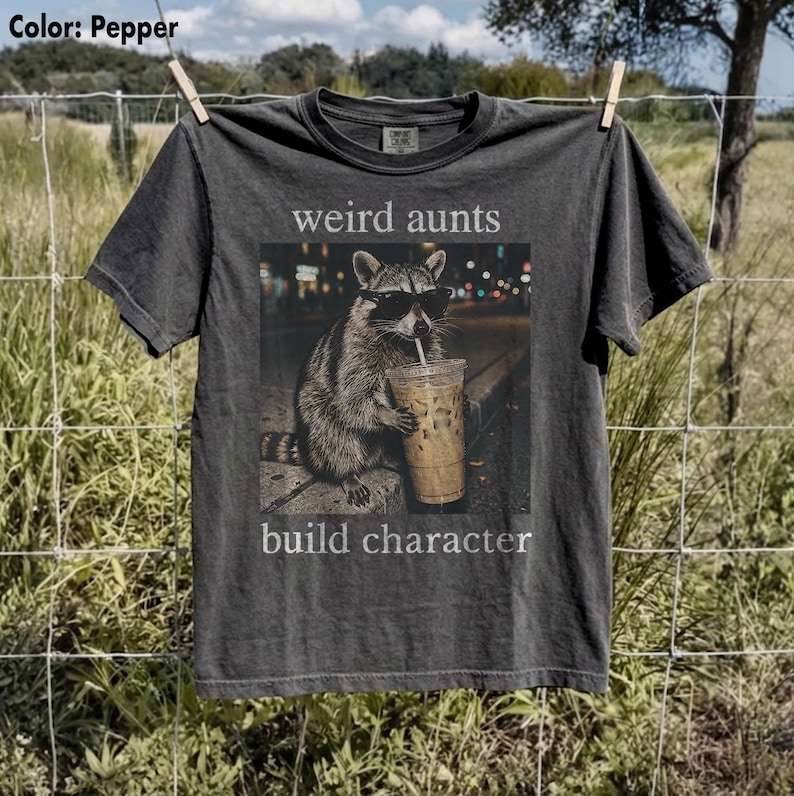 Comfort Colors® Weird Aunts Build Character Tee, Funny Aunt Shirt, Cool Aunt Gift, Chaos Aunt Tee, Iced Coffee Raccoon Shirt, DTG print Tee image 2