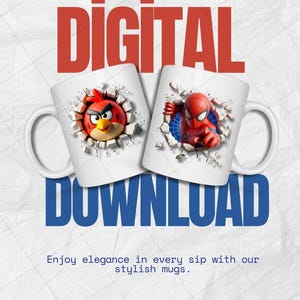 Diseño de taza 3D de Angry Bird y Spiderman – Descarga digital PNG – Arte de sublimación de taza de dibujos animados – Efecto de pared rota