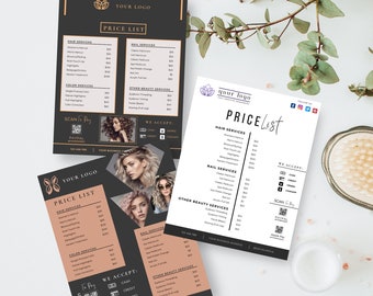 Customizable Small Business Salon Price List and Scan to Pay Bundle – 3 Price Menu Templates| Minimalist DIY| Editable Printable Price List