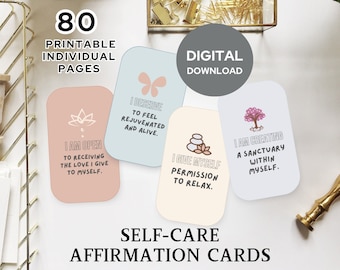 80 Self-Care Affirmation Cards | Printable Deck for Calming Corner | Wellness Life | Self Care Quotes | Self Love Coaching Activity