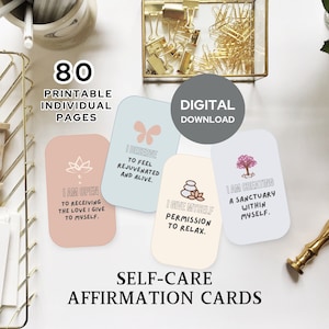 80 Self-Care Affirmation Cards | Printable Deck for Calming Corner | Wellness Life | Self Care Quotes | Self Love Coaching Activity