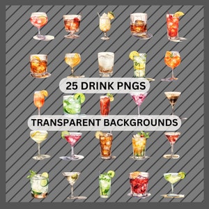 Pacchetto di clipart per cocktail ad acquerello - 25 PNG di alcol per il menu delle bevande esclusive / Illustrazioni di bevande / Progettazione grafica / Clipart di bevande