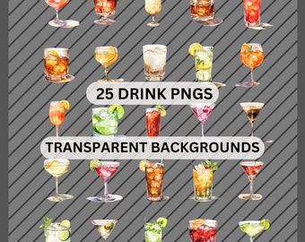 Watercolor Cocktail Clipart Pack - 25 Alcohol PNGs for Signature Drinks Menu | Drink Illustrations | Graphic Design | Beverage Clipart