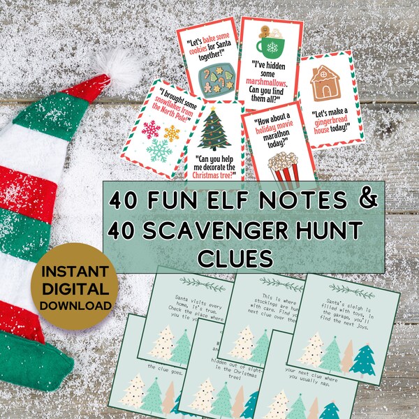 Printable Christmas Scavenger Hunt Game and Christmas Elf Notes Bundle | Elf on the Shelf | Indoor Treasure Hunt Clues | Activities for Kids