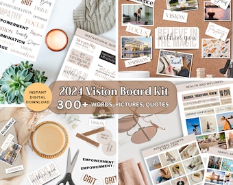 2024 Printable Vision Board Kit | Manifesting Abundance | Positive Mindset | Mood Board | Positive Affirmations, Words, Quotes, Images | PDF