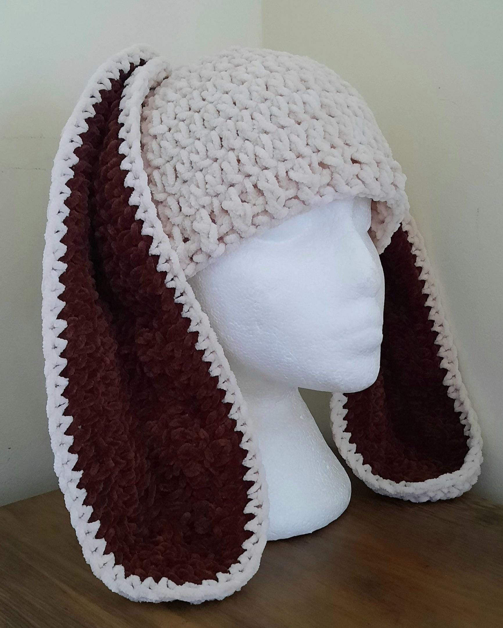 Handmade Crochet Bunny Ear Beanie, Chenille Yarn, Cosy Animal Hat - Etsy