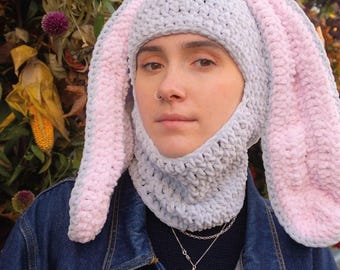 Pasamontañas de orejas de conejo de ganchillo hecho a mano, gorro de animal acogedor
