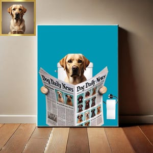 Custom Dog Portrait,  Dog Sitting on the Toilet Reading a Newspaper, Funny Pet Art, Dog in Bathroom, Unique Dog Gift Idea, Digital Download