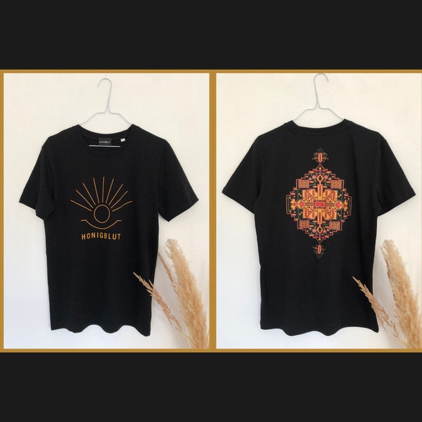 zertifizierte Unisex T-Shirt, Bio Baumwolle, Vegan, Honigblut, Schwarz Gold, Print, Orientalische Teppichmuster, Sonne Symbol, Perser