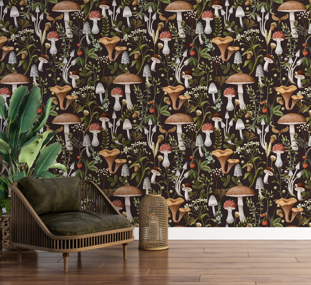 Vintage Mushroom Peel and Stick Wallpaper | Dark Botanical Wallpaper ...