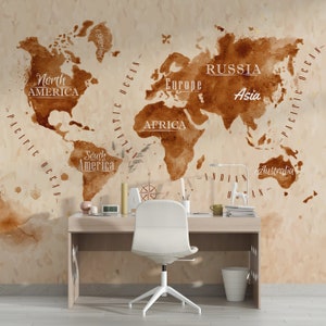 Vintage World Map wallpaper | Warm Colored Map peel and stick wallpaper | removable wall mural | renter friendly Wallpaper