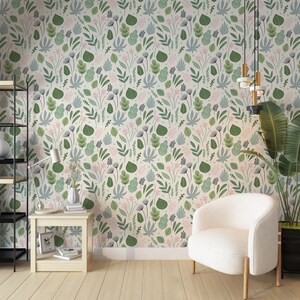 Wildflowers and Leaves Peel and Stick Wallpaper | Soft botanical Wallpaper | Floral Wallpaper | Removable or vinyl wall murals