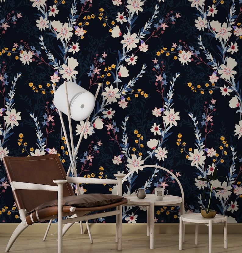 Navy Blue Floral Peel and Stick Wallpaper | Dark Garden Botanical Wall ...