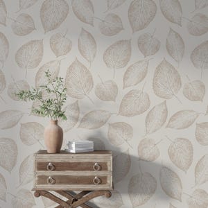 Neutral Beige Leaf Peel and Stick Wallpaper | Minimalist Botanical Sketch Wall Mural