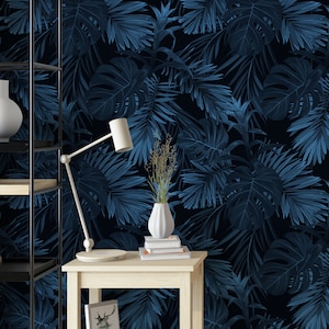 Botanical Dark Leaves Peel and Stick Wallpaper | Navy Blue Tropical Wallpaper | Dark Vintage Wallpaper | Removable Wallpaper