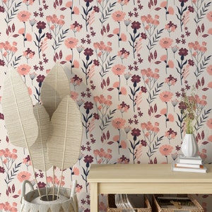 Pink Wild flowers Peel and Stick Wallpaper, Soft botanical plants Wallpaper, Floral pink wall mural, Removable or vinyl wall murals