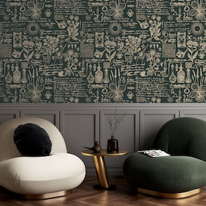 Alchemy Motives | Medicine and Herbal Theme Peel and Stick wallpaper | Green and Beige Vintage Wallpaper |  Removable Wallpaper