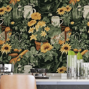 Herbal Garden with Daisy Peel and Stick Wallpaper | Yellow and Green Floral Wallpaper | Dark Botanical Wallpaper | Removable Wallpaper