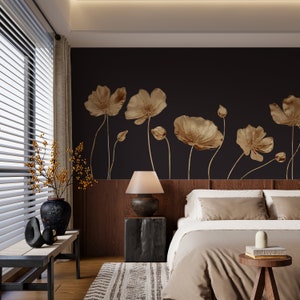 Golden Poppy Flowers Peel and Stick Wallpaper | Tropical Wallpaper | Dark Background | Floral Golden Wallpaper | Removable Wallpaper