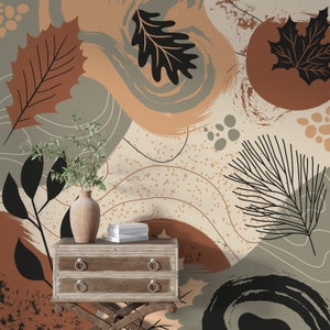 boho leaves tropical wallpaper | autumn colors leaves peel and stick wallpaper | removable boho leaf wall mural | renter friendly