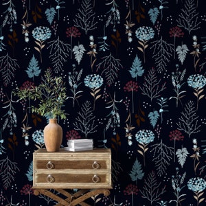 Navy Blue Wildflowers Peel and Stick Wallpaper | Dark Botanical Wallpaper |  Parsnip, Lavender, Wild Rose Flowers | Removable Wallpaper