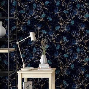 Navy Blue Oriental Peel and Stick Wallpaper | Dark Botanical Wallpaper | Floral Garden Wallpaper | removable or vinyl wall murals