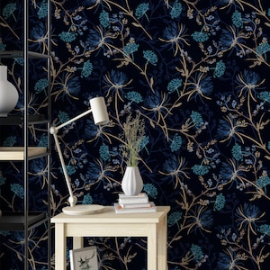 Navy Blue Oriental Peel and Stick Wallpaper | Dark Botanical Wallpaper | Floral Garden Wallpaper | removable or vinyl wall murals