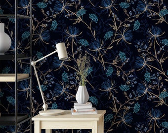 Navy Blue Oriental Peel and Stick Wallpaper | Dark Botanical Wallpaper | Floral Garden Wallpaper | removable or vinyl wall murals