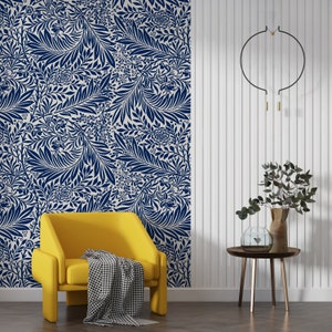 Navy Blue Palm Leaves Wallpaper | Navy & White Leaves Peel And Stick Wallpaper | Tropical Wall Mural | Removable Wallpaper