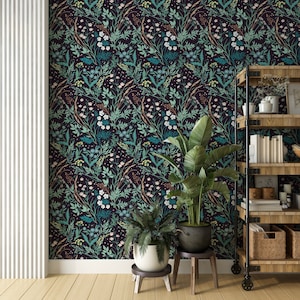 Vintage Dark Wildflowers Peel and Stick Wallpaper | Navy & Green Tropical Wallpaper | Botanical Wallpaper | Removable Wallpaper