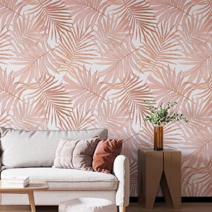 Soft Pastel Pink Palm Leaves Peel and Stick Wallpaper | Tropical Wallpaper | Floral pink wall mural