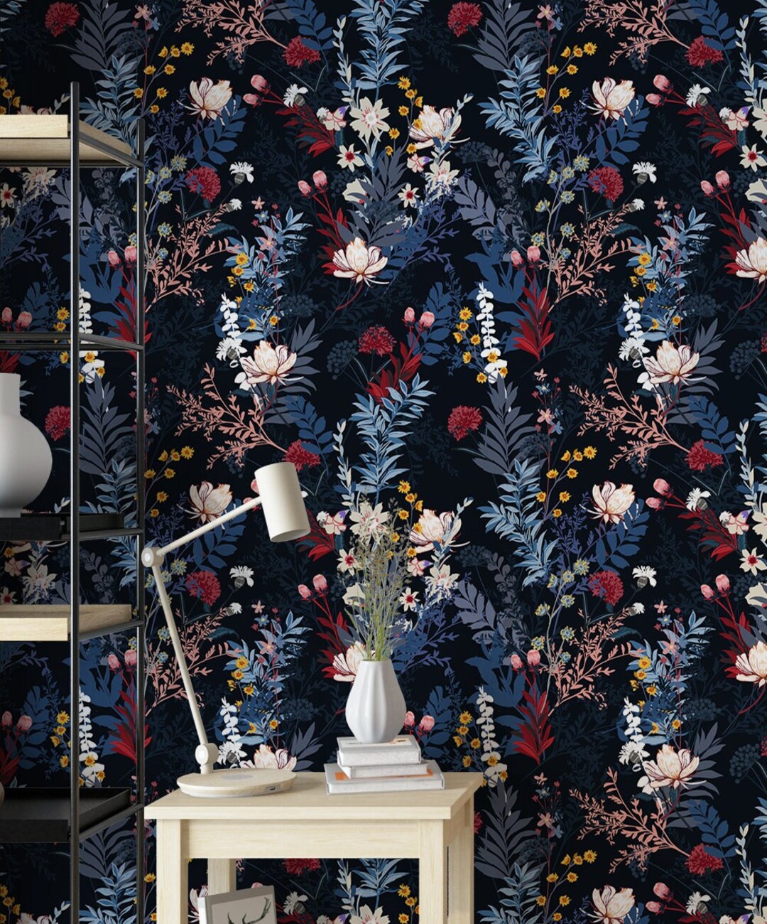 Navy Blue Floral Peel and Stick Wallpaper | Botanical Garden Wall Mural ...