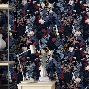 Navy Blue and Red Flowers Peel and Stick Wallpaper | Dark Botanical Wallpaper | Floral Garden Wallpaper | removable or vinyl wall murals