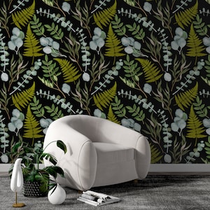 Botanical Fern and Eucalyptus Leaves Peel and Stick Wallpaper | Greenery Dark Fern Botanical Wallpaper  |  Botanical Removable Wallpaper