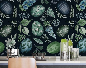 Easter Eggs and Flowers Peel and Stick Wallpaper | floral wallpaper | Dark Green Wallpaper | Removable Wallpaper