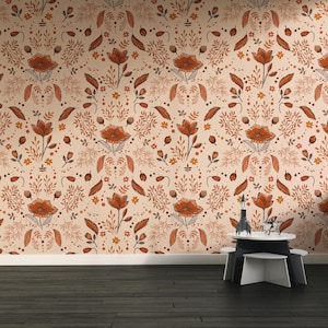 Autumn Botanical Peel and Stick Wallpaper | Warm floral Wallpaper | acorns and flowers nature wallpaper |  Removable wallpaper