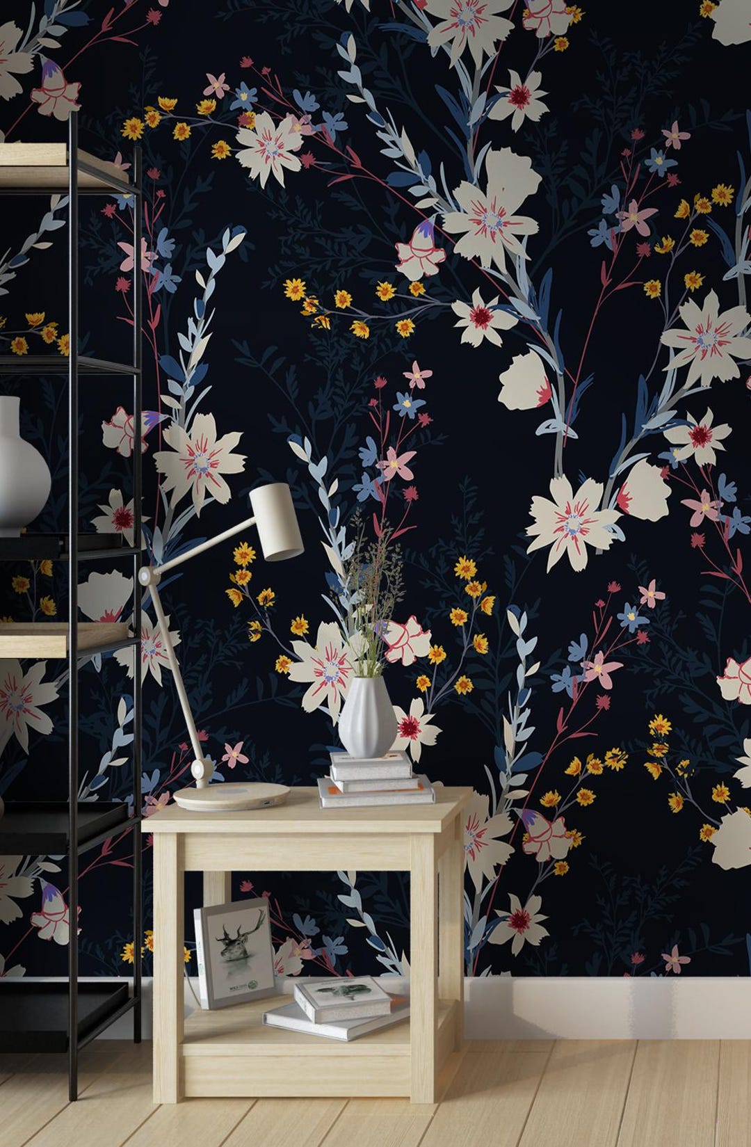 Navy Blue Floral Peel and Stick Wallpaper | Dark Garden Botanical Wall ...
