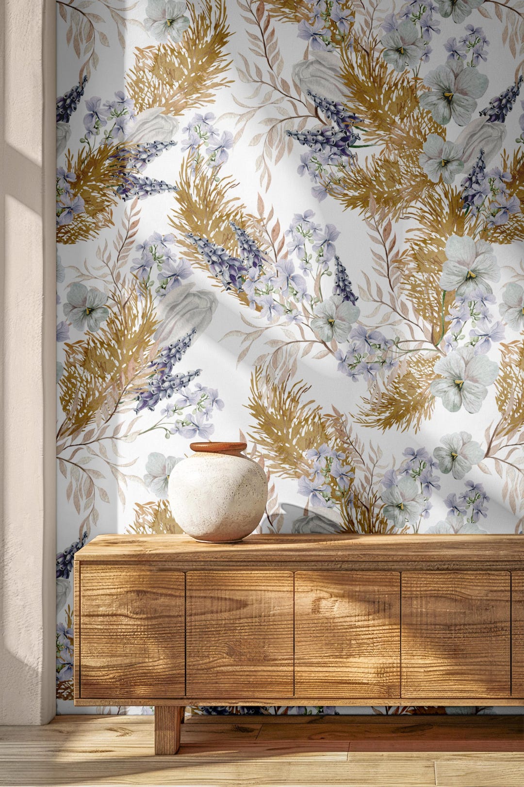 Elegant Botanical Flowers Wallpaper | Beige Ferns and Lavender Flowers ...