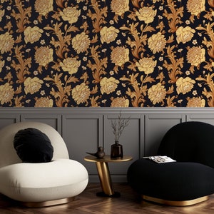 Golden Chrysanthemum Flowers Wallpaper | Floral Peel and Stick wallpaper | Gold and Black Vintage Wallpaper |  Removable Wallpaper