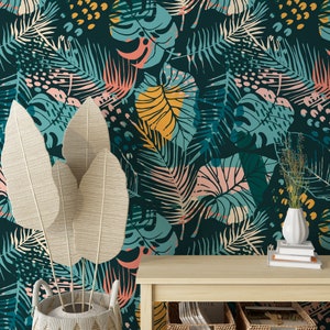 Turquoise Tropical Palm Leaves Wallpaper | Peel And Stick Wallpaper | Colorful Leaves Wall Mural | Removable Wallpaper